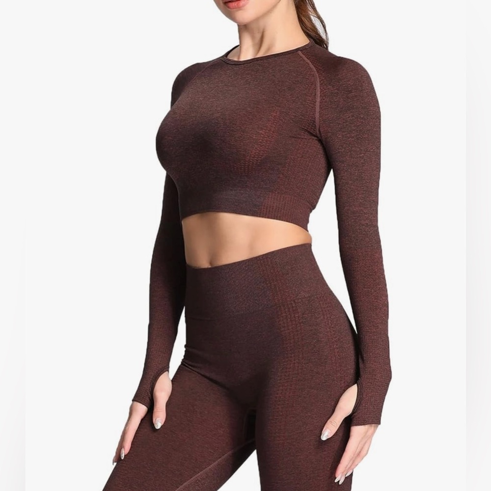 Brown Long Sleeve Crop Top and Leggings Set